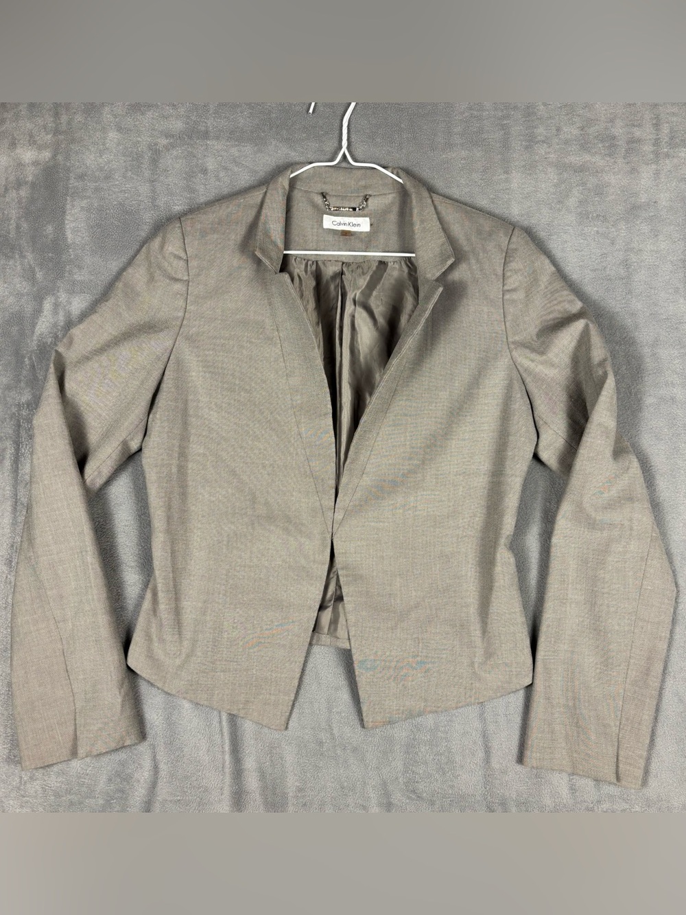 Calvin Klein Womens Size 4 Gray Taupe Open Front Blazer Jacket Stretch Workwear